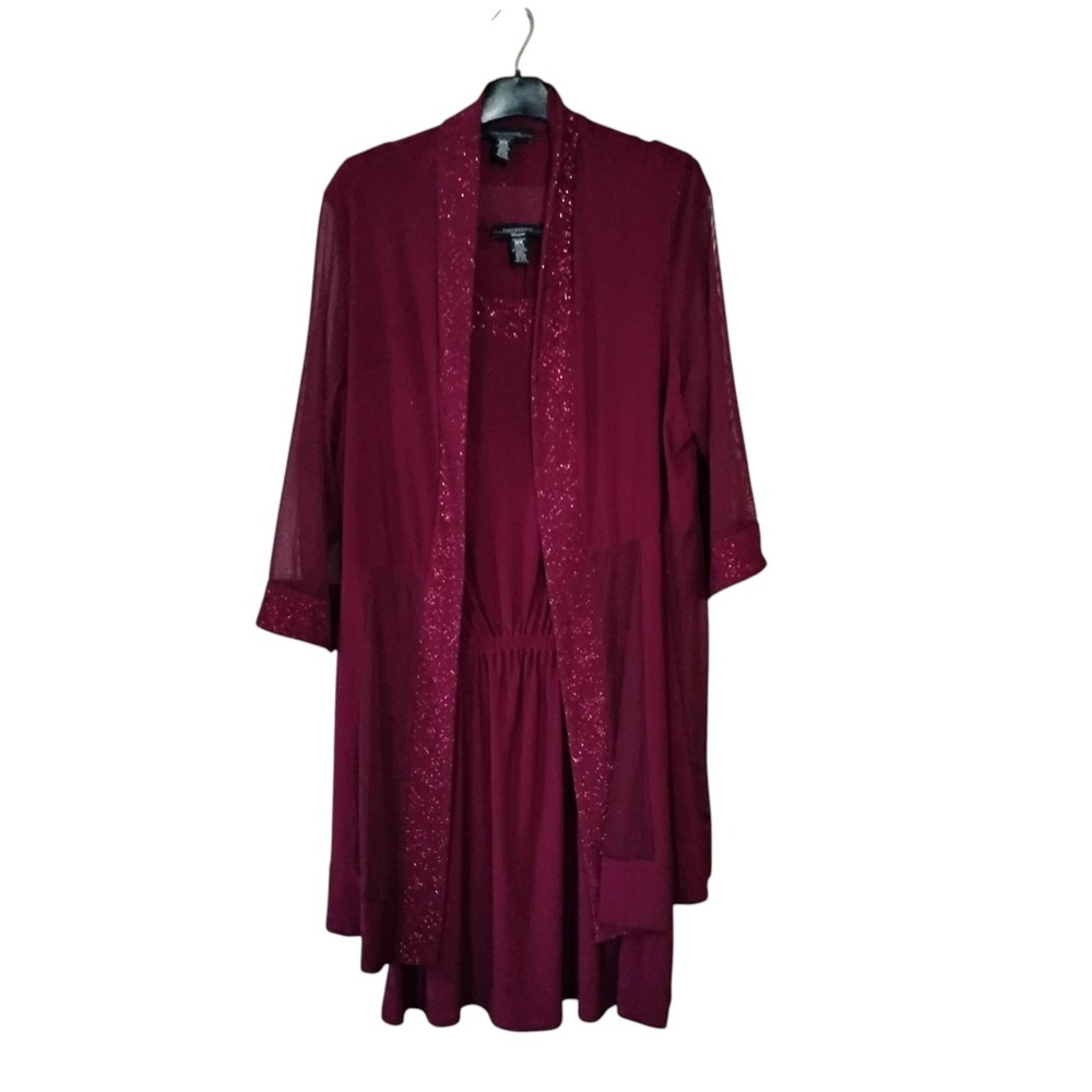 R&M Richards Burgundy Glitter Trim Dress and Sheer Jacket Set Plus Size 18W